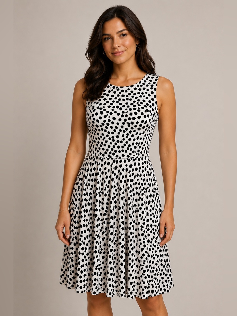 LOFT sleeveless a line fit & flare black white polka dot dress large